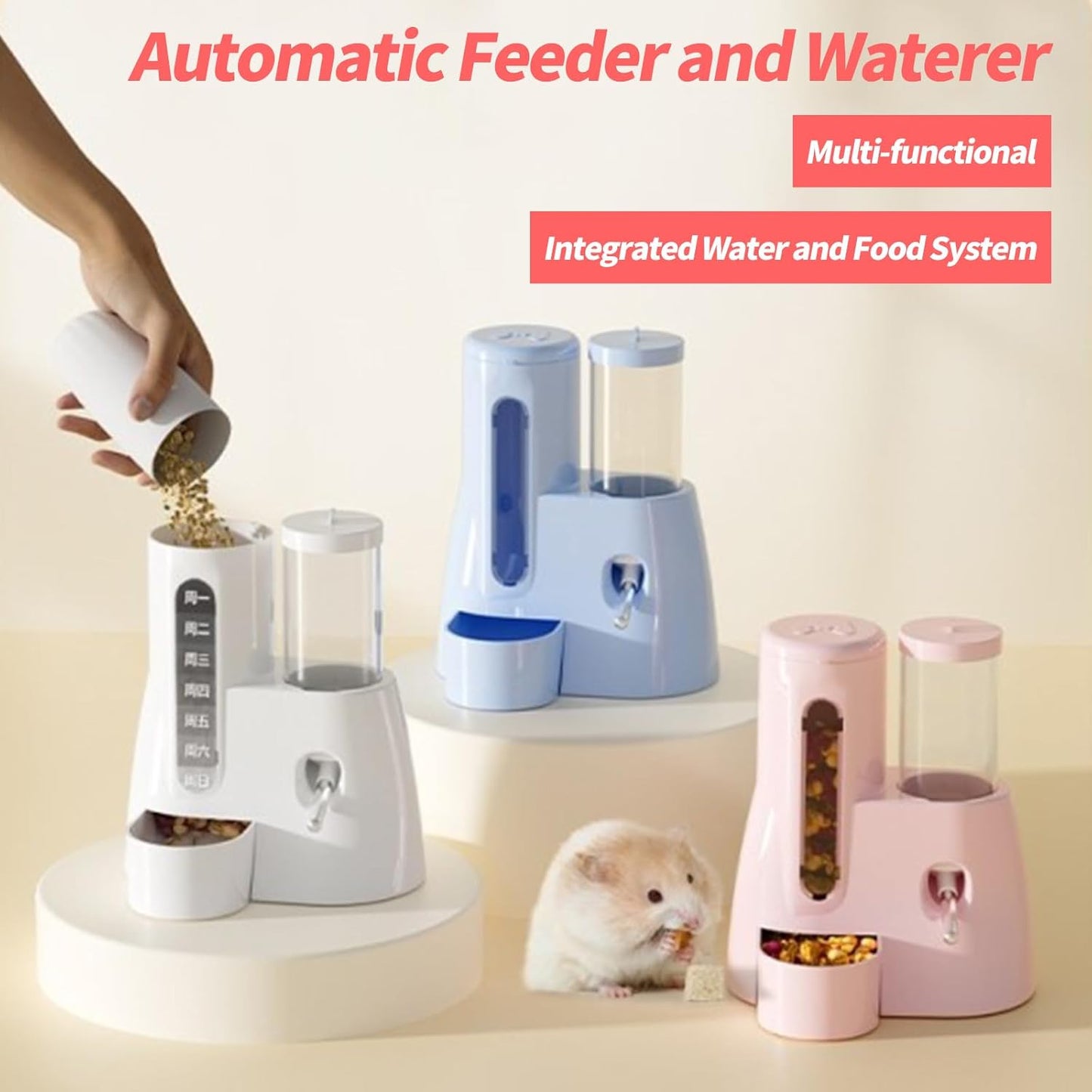 2-in-1 Hamster Water Bottle & Food Dispenser - Leak-Resistant Design for Glass/Wire Cages (120ml/4oz BPA-Free + Double Seal Nozzle) Dwarf Hamster & Mice Essentials (Pink, 6.3×5.1×4.31)