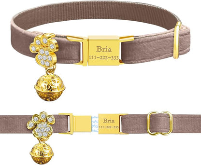 Personalized Breakaway Cat Collars - Magnetic Buckle, Bell - Safety Quick Release, Customized for Girls & Boys Cats- (Velvet-Chocolate)