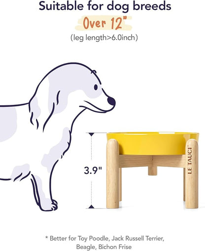 LE TAUCI Ceramic Slow Feeder Dog Bowls Elevated, 0.6 Cups Raised Dog Bowl with Wooden Stand for Small Breed, Pet Dishes to Slow Down Eating, Puzzle Cat Food Bowl, Star Yellow