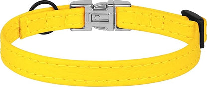 Leather Cat Collar with Buckle and Removable Bell - Non Breakaway Adjustable Soft Safety Small Pet Collars for Girl Boy Cats Kitten (Yellow)