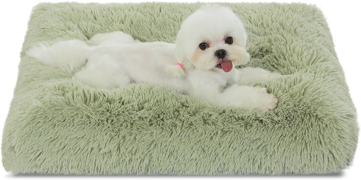 Bedfolks Plush Waterproof Dog Crate Pad, Removable Cover,Faux Fur Dog & Cat Bed, Washable Kennel Bed 21"x13",Sage Green