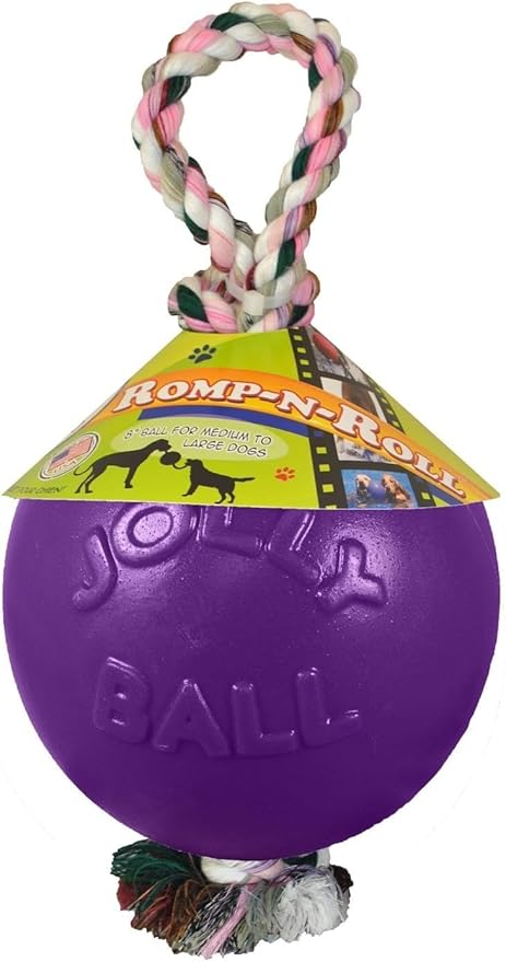 Jolly Pets Romp-n-Roll Rope and Ball Dog Toy, 4.5 Inches/Small, Purple, 4.5-Inch Romp-n-Roll, Purple