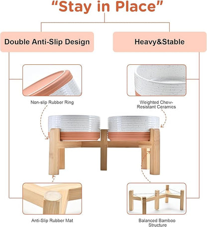 SPUNKYJUNKY Elevated Dog Bowls Ceramic, 6.1'' Dogs and Cat Food Water Bowls Raised with Non-Slip Bamboo Stand for Medium Sized Breed Microwave Dishwasher Safe - 28.7 OZ,Pattern White