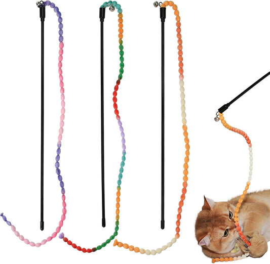 Interactive Cat Toys, 3 Pcs Cat Wand Toys for Indoor Kitten with Colorful Bead Shape Hemp Rope and Small Bell, Kitty Teaser String Toy for Indoor Cats to Chase and Exercise