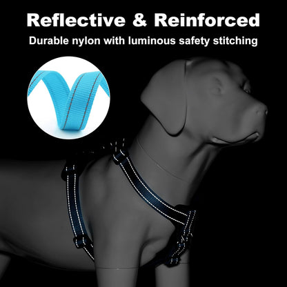 Plutus Pet Adjustable No Pull Dog Harness with Leather Accents, Heavy Duty Reflective Nylon Vest for Training, Hiking, Easy Walk Harness for Small, Medium, Large Dogs (Light Blue, L)