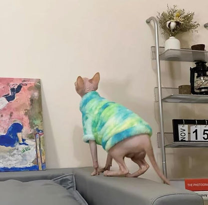 Sphynx Cat Warm Turtleneck Sweater, Thick Soft Double-Sided Fleece Clothes for Cats, Two-Legged Winter Onesie for Cats and Small Dogs,Pjs for Cats and Puppy (Green Tie-dye, M (3.5-5lbs))