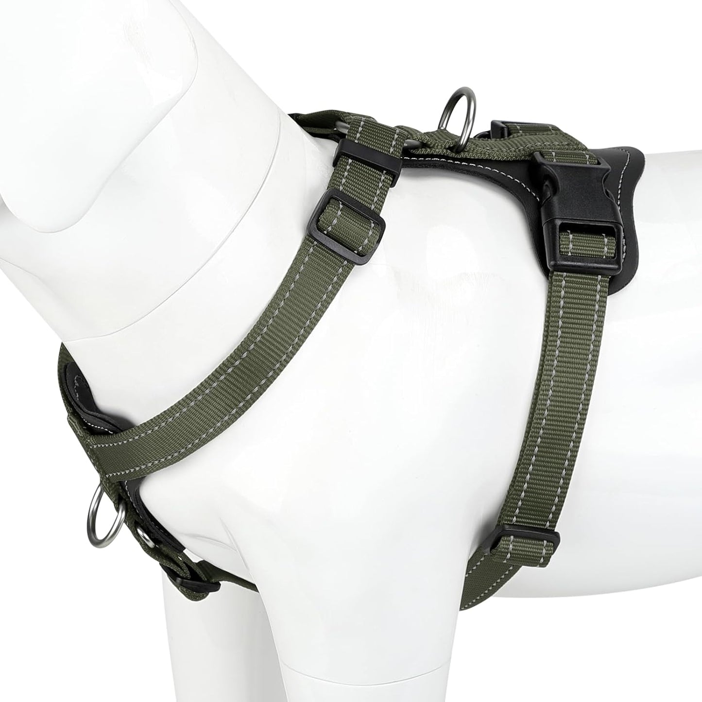 Plutus Pet Adjustable No Pull Dog Harness with Leather Accents, Heavy Duty Reflective Nylon Vest for Training, Hiking, Easy Walk Harness for Small, Medium, Large Dogs (Ranger Green, M)