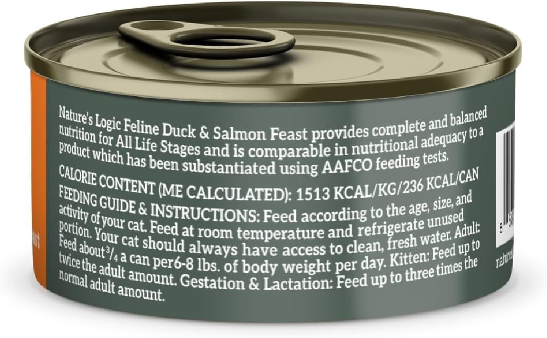 Nature's Logic Wet Can Cat Food - Feline Feast 95% Animal Ingredients - No Synthetic Vitamins, Minerals or Artificial Additives, 100% Natural, Grain-Free, Made in USA, Duck & Salmon (5.5 oz, 24 pack)