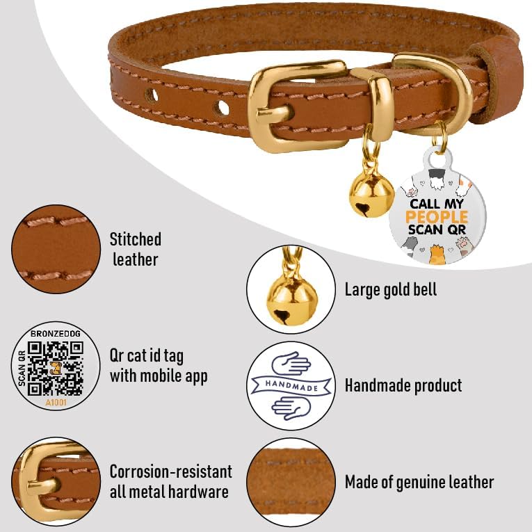 BRONZEDOG Leather Cat Collar with Removable Bells Non Breakaway Kitten QR Tag for Girl Boy (9" - 12" Cats/Mini Dogs, Light Brown & Gold)