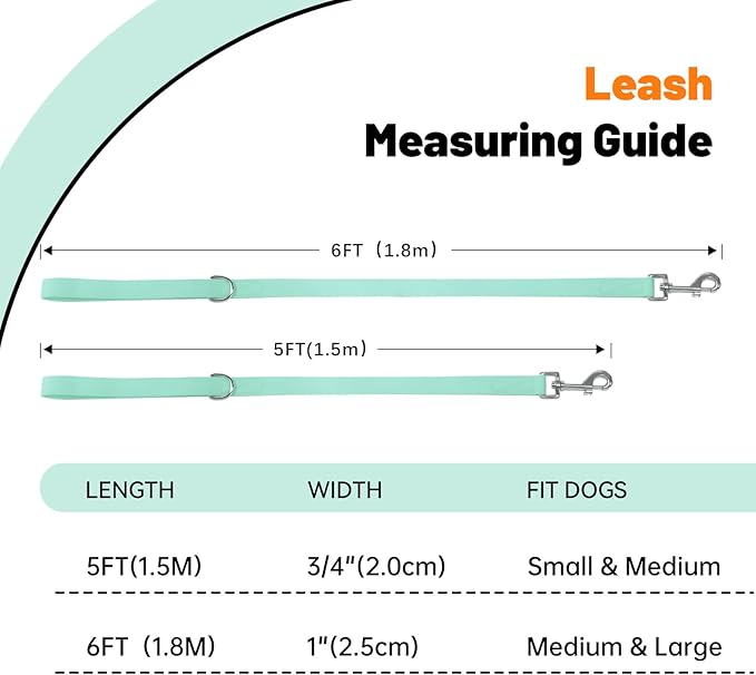 Waterproof Dog Leash, 5/6 FT Durable Odor-Proof Dog Leashes with Strong Metal Hooks Fits Small Medium or Large Dogs (Mint Green, 6FT - 1 inch Width)