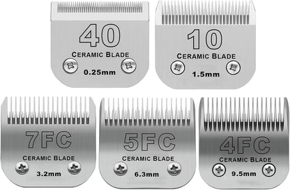 Size 40/10/7F/5F/4F Detachable Pet Dog Grooming Clipper Ceramic Blades Set,Compatible with Andis,Oster A5,Wahl KM10 Series Clippers,Cut Length 1/100"(0.25mm) to 3/8"(9.5mm),5 Pack