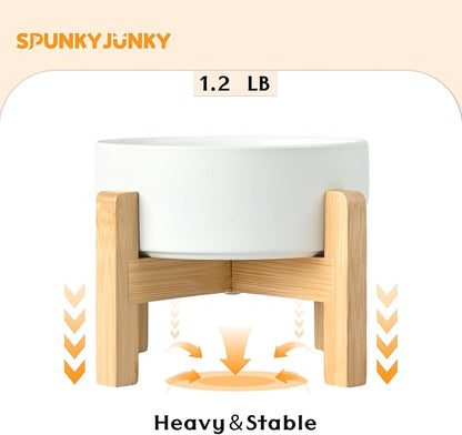 SPUNKYJUNKY Ceramic Elevated Dog Bowls 2 Pack - 5.1inch Raised Dog Bowls with Non-Slip Wooden Stand for Small Dogs Dishwasher Safe(White,13.5OZ*2)