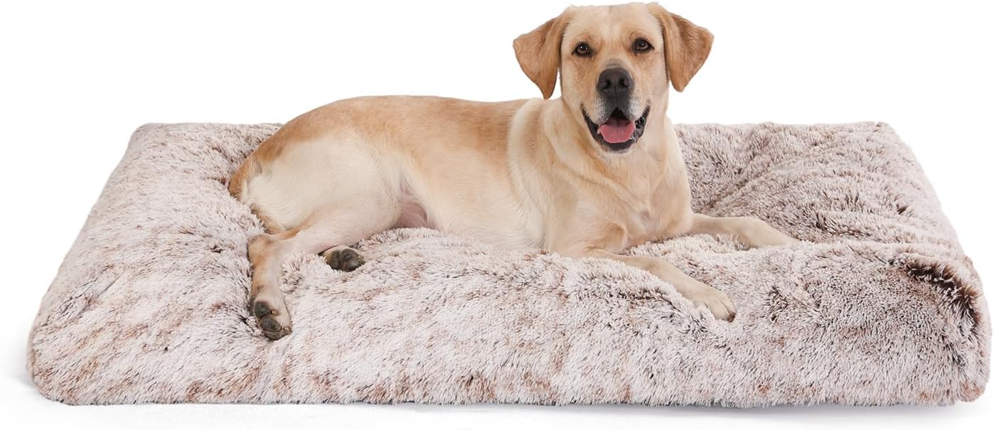 Bedfolks Plush Dog Crate Bed, Waterproof, Faux Fur, XXL, 47"x29", Brown