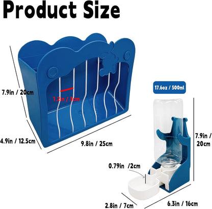 Hamiledyi Rabbit Hay Feeder 500ml Hanging Gravity Water Dispenser Guinea Pig Grass Rack Water Bottle Set for Bunny Ferret Chinchilla(Blue)