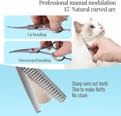4.5" Dog Grooming Scissors - 2pcs Curved Scissors & Thinning Shears for Small Dog, Cat Face & Paws - Japan 440C (2Kit)