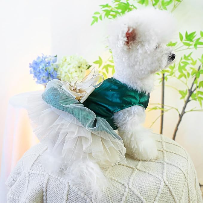 ANIAC Retro Dog Tulle Dress with Leash Ring Spring Summer Girl Puppy Clothes for Small Dog Cat Apparel Formal Pet Prom Dress for Christmas Wedding Birthday Valentines (Green, X-Small)