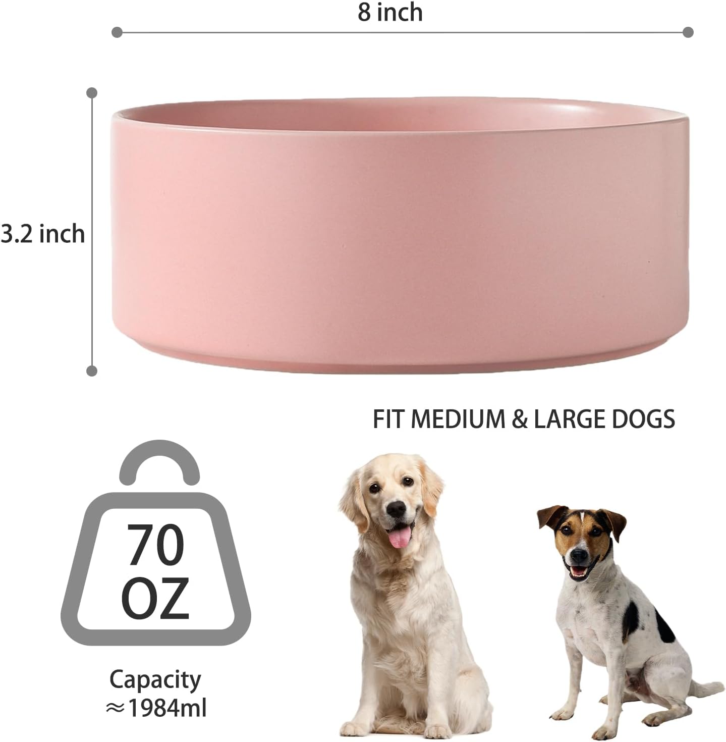 8'' Ceramic Dog Bowl - 70Oz Classic Dogs Food & Water Bowl for Medium and Large Breeds, Heavy-Duty Non-Slip Dog Dish, Food Grade Stoneware Pet Bowl, Dishwasher & Microwave Safe, Pink