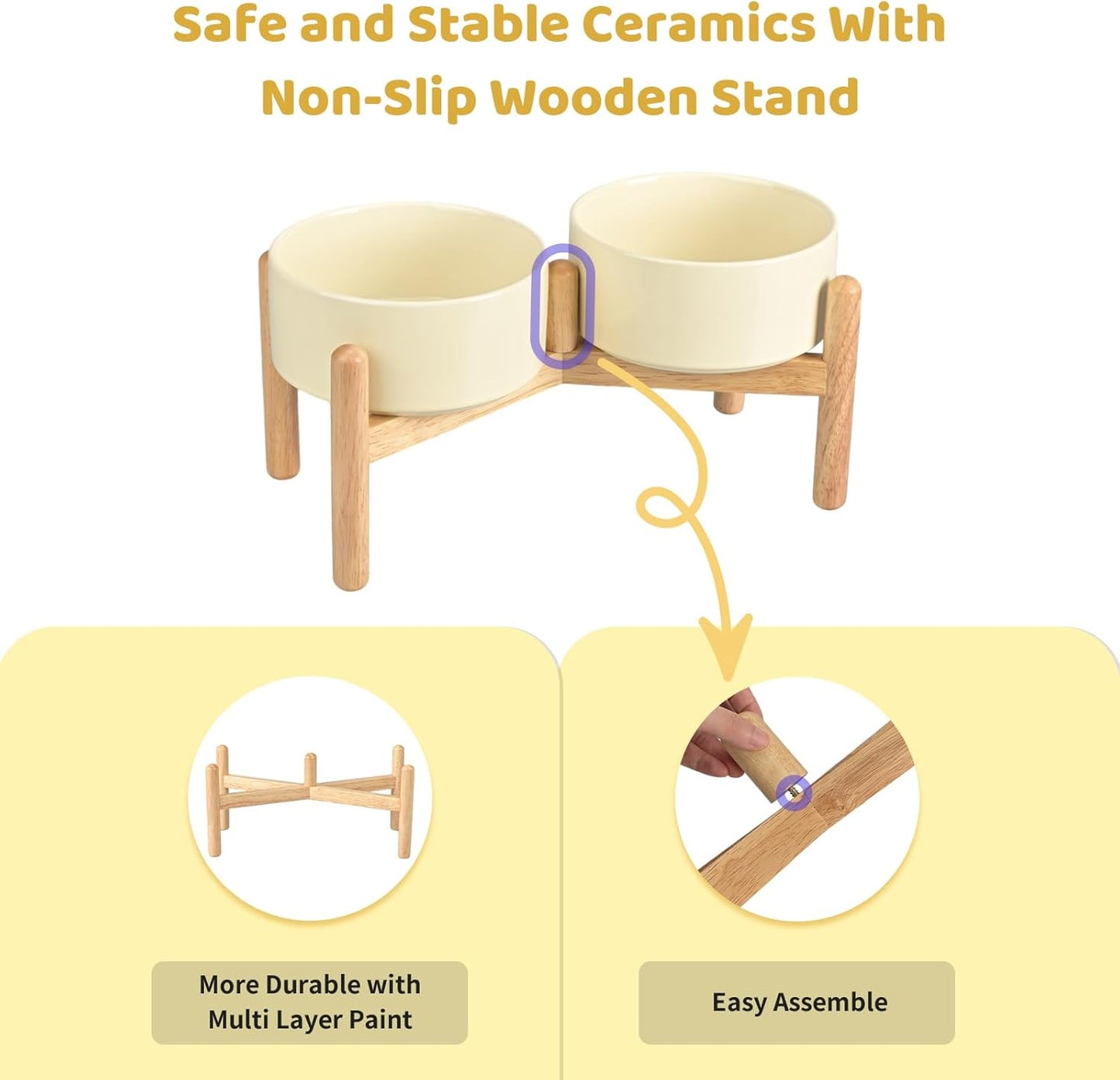 SPUNKYJUNKY Ceramics Raised Dog Bowl with Wooden Stand - Double 28.7OZ Cream White Bowls for Small Medium Dogs