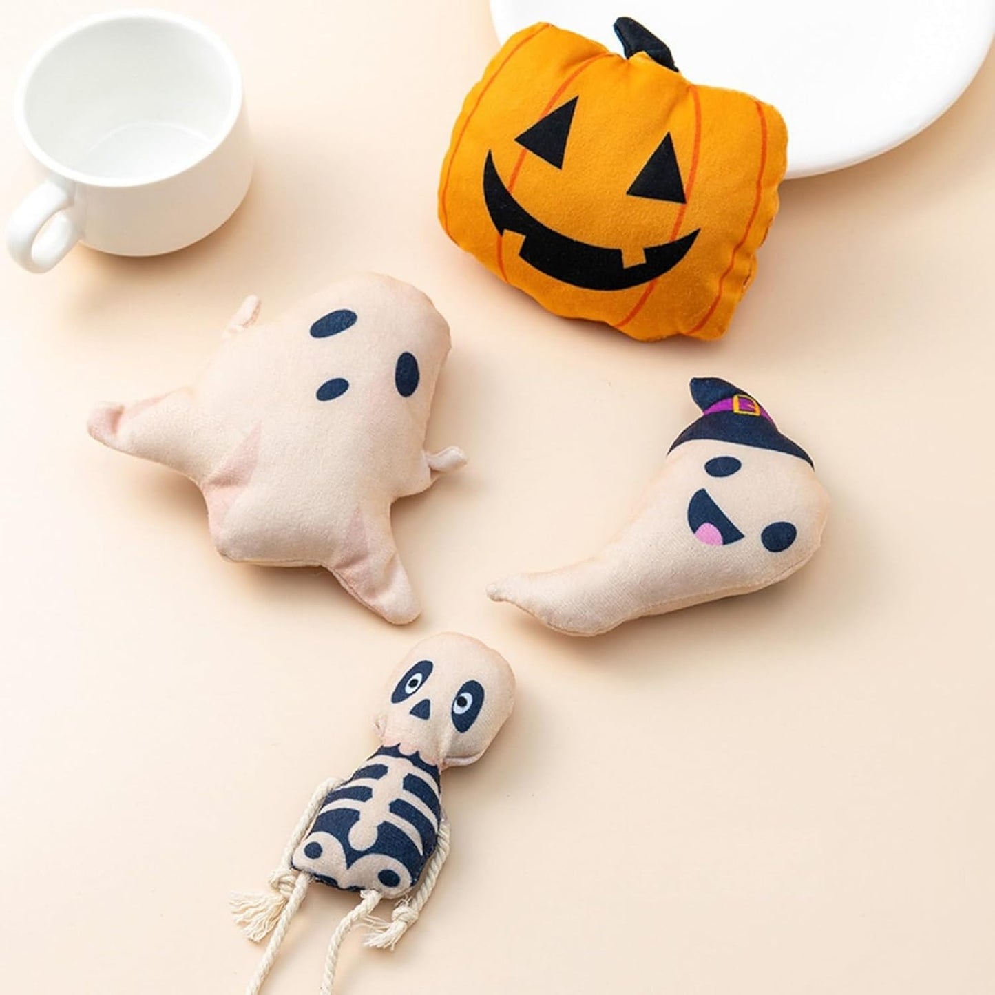 4-Pack Halloween Cat Toy Catnip Plush Toys Set - Pumpkin, Ghost, and Skeleton Design, Soft and Durable Cat Toys for Halloween Fun, Perfect for Indoor Play and Exercise