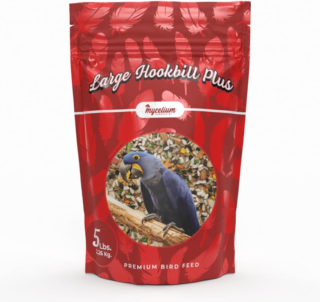 Mycelium Large Hookbil Plus | Clean & Safe Bird Food for Macaws, Cockatoos, Amazons | High in Protein & Fat | Seed Mix with Vitamins, Egg, Corn, Peanuts & Hemp Seed | Organic, Non-GMO 5 lb Bag