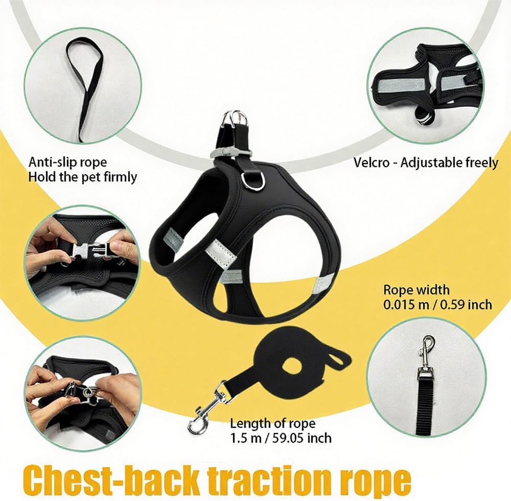 Dog Harness Small Sized and Leash Set, Dog Harness with Leash Set, Comfortable Air Mesh Dog Vest Harness with Reflective Strip, Reflective for Safe Easy Walking Dogs, Cats, Black M
