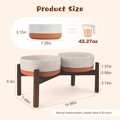 SPUNKYJUNKY Ceramic Elevated Dog Bowl Set with Acacia Wood Stand for Food and Water for Medium Dog (42.27 OZ, White and Reddish Brown)