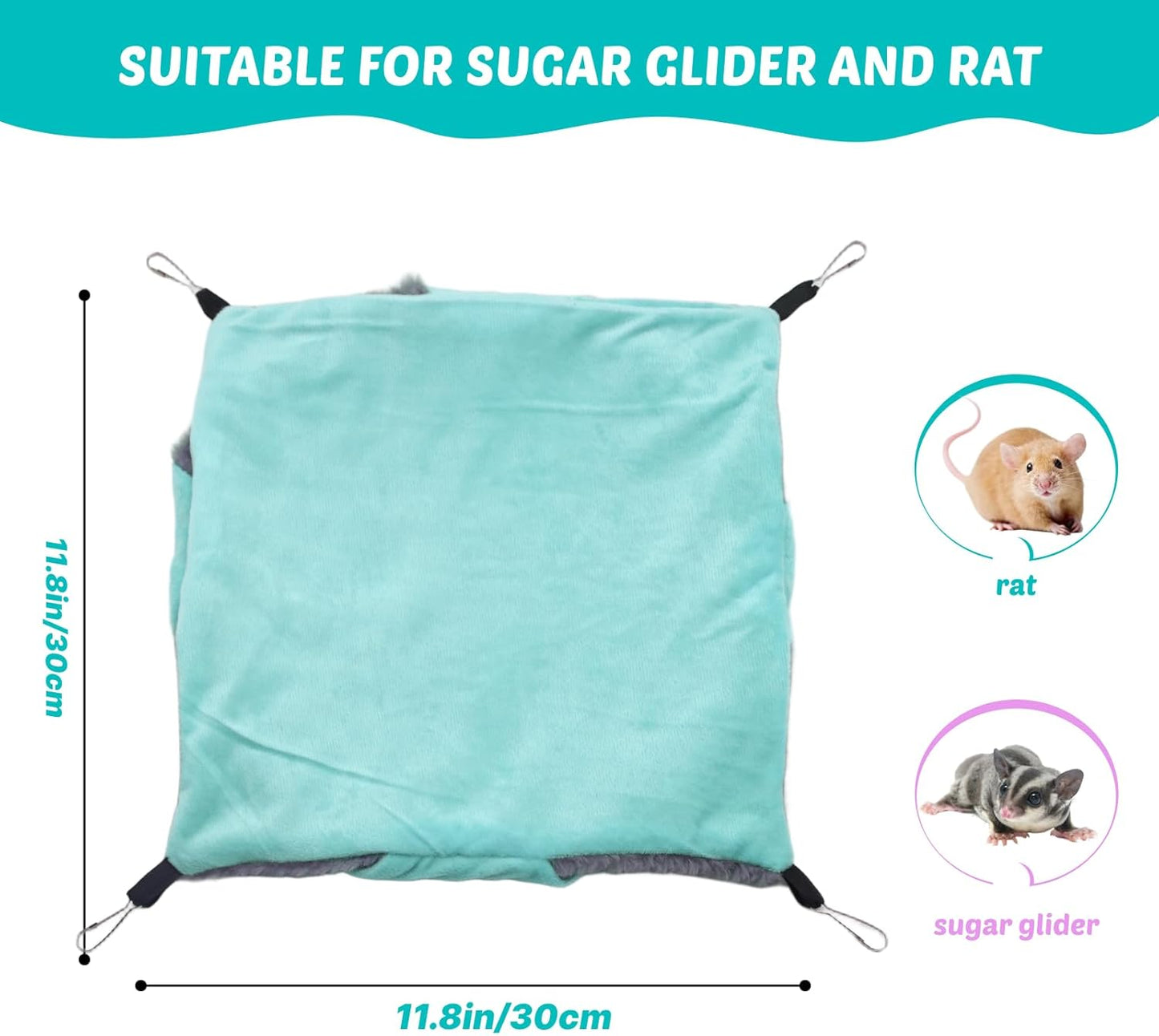 LYART Sugar Glider Pouch Hammock Bed Bedding, Sugar Glider Cage Accessories Toys for Rat, 3-Layer Hammock Make Pet Cages More Three-Dimensional (3.Grey+Mint)