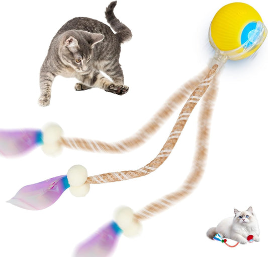 Interactive cat Toy cat Toys for Indoor Cats Agile Moving Cat Ball with Elastic Mesh Tail Automatic Kitten Toys Motion Activated Ball (Yellow)