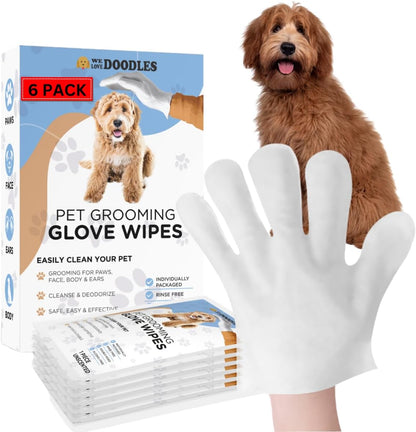 We Love Doodles Dog Cleaning Gloves Wipes - Pet Bathing Wipes for Dogs, Paws, Face, Body, Ears - Safe, Easy & Effective - Individually Packaged, Rinse-Free, Double-Sided, Alcohol-Free (6 Pieces)