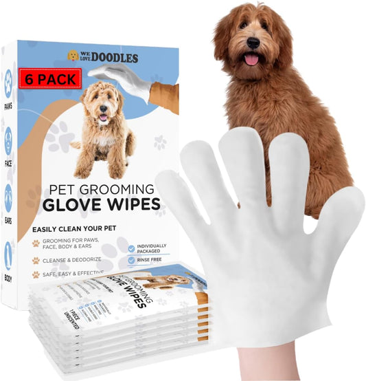 We Love Doodles Dog Cleaning Gloves Wipes - Pet Bathing Wipes for Dogs, Paws, Face, Body, Ears - Safe, Easy & Effective - Individually Packaged, Rinse-Free, Double-Sided, Alcohol-Free (6 Pieces)
