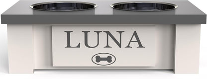 GrooveThis Woodshop - Personalized Elevated Dog Bowl Stand for Large, Medium, Small, X-Small Dogs - Stainless Steel Food and Water Bowls - Raised Dog Dish with Internal Storage (X-Small, Grey)