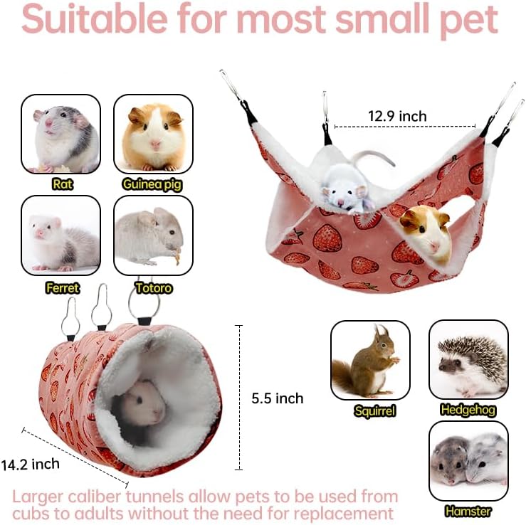 Rat Ferret Hammock Toys Cage Accessories, Guinea Pig Hideout Tunnel, Warm Bed for Rat Ferret Guinea Pig Sleep Hide and Play (2.Hammock+Tunnel)
