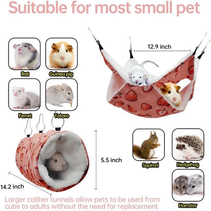 Rat Ferret Hammock Toys Cage Accessories, Guinea Pig Hideout Tunnel, Warm Bed for Rat Ferret Guinea Pig Sleep Hide and Play (2.Hammock+Tunnel)