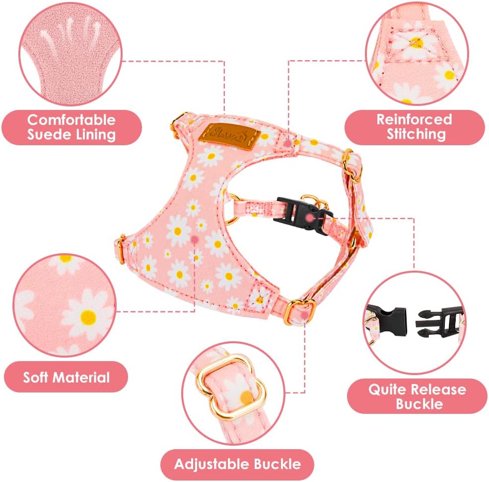 SlowTon No Pull Dog Harness with Leash - Soft Lightweight Floral Pattern Puppy Harness, Adjustable Pet Harnesses for Small Medium Dogs (Pink Daisy XS)