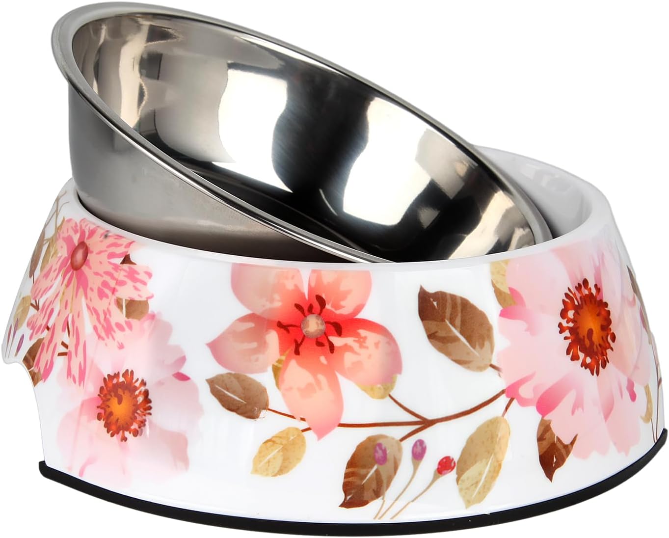 2 in 1 Food Water Bowls - Non Slip Skid Proof Heavy Duty Pet Bowls for Feeding Drinking Small Medium Large Dogs Cats Puppies (Pink Flower, L:28 OZ)