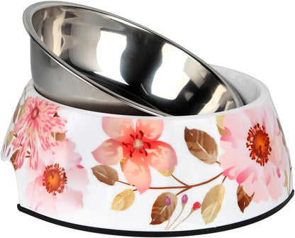 2 in 1 Food Water Bowls - Non Slip Skid Proof Heavy Duty Pet Bowls for Feeding Drinking Small Medium Large Dogs Cats Puppies (Pink Flower, L:28 OZ)
