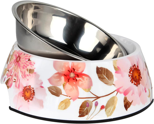 2 in 1 Food Water Bowls - Non Slip Skid Proof Heavy Duty Pet Bowls for Feeding Drinking Small Medium Large Dogs Cats Puppies (Pink Flower, L:28 OZ)