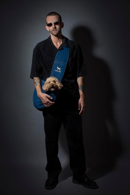 Noah & Paw Dog Sling Carrier for Small Dogs 5-18lb, Dog Sling for Small Dogs and Cats, Dog Carrier with Adjustable Padded Strap, Vegan Denim Lined with Fur, 3X Safety Features, Machine Washable