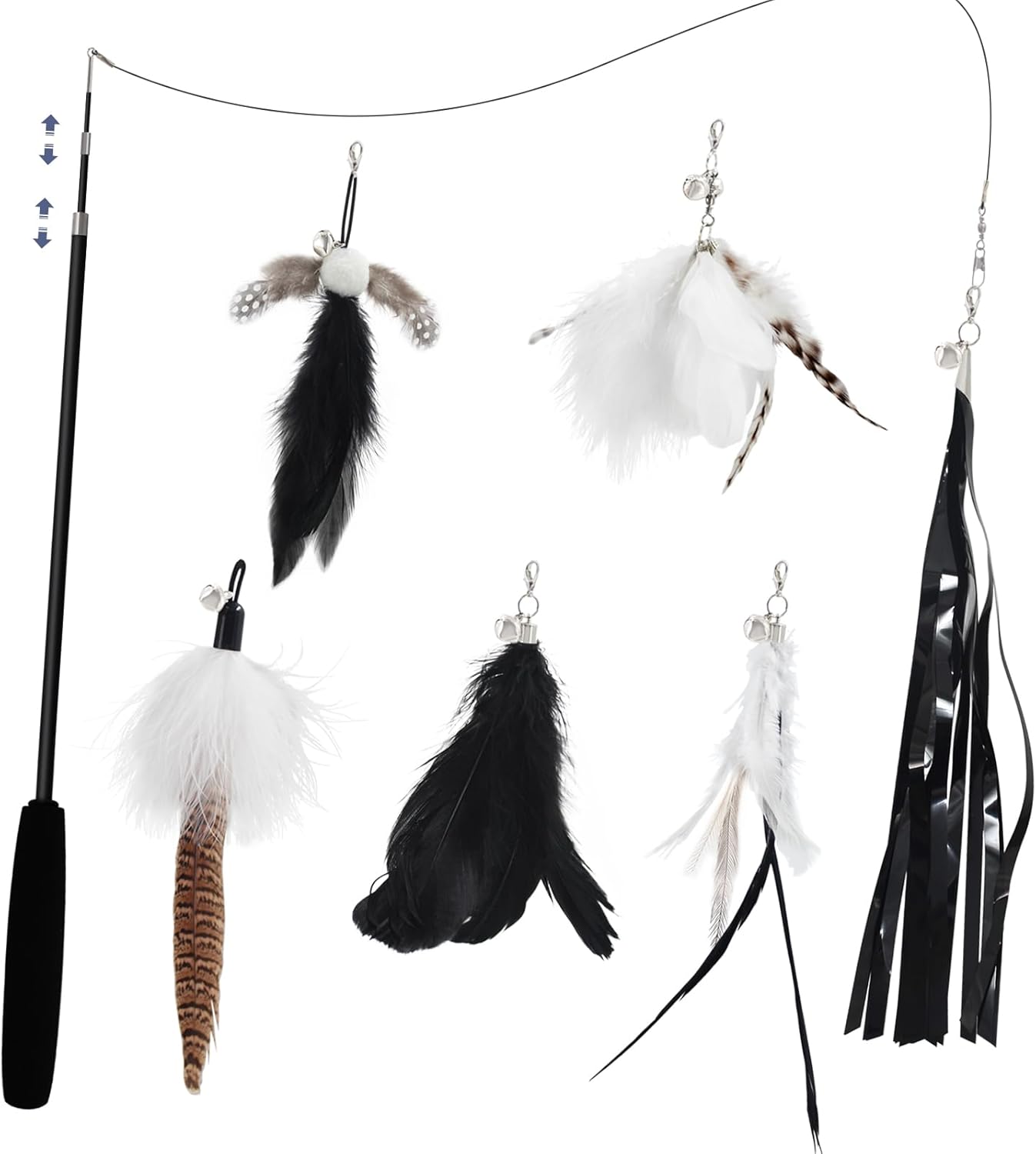 SONGWAY Cat Wand Toys for Indoor Cats - Cat Toy Set with Retractable Teaser Wand and 6 PCS Feather Toy Refills, Dragonfly Tassel Cat Toys Interactive, Black