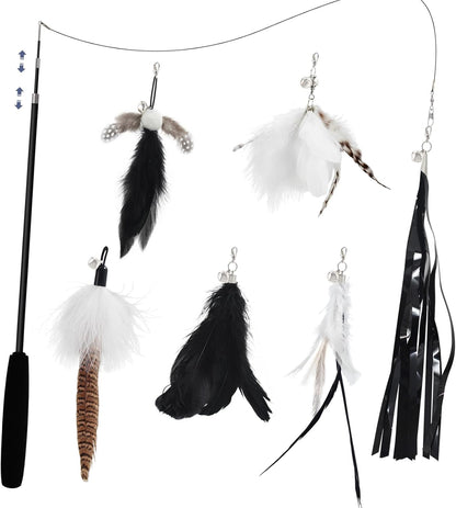SONGWAY Cat Wand Toys for Indoor Cats - Cat Toy Set with Retractable Teaser Wand and 6 PCS Feather Toy Refills, Dragonfly Tassel Cat Toys Interactive, Black