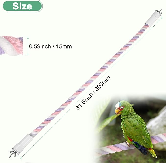 1-Pack Rope Perches for Bird Cages, 31.5 in Length Comfort Grip Flexible Rope Perch Beak & Paw Grinding for Parrots/Cockatiels/Parakeets, Bird Platform Sand [Pink Purple]