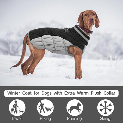 FUAMEY Dog Coat for Large Dogs,Waterproof Dog Winter Jacket with Harness Built in Puppy Cold Weather Coats Reflective Pet Vest with Zipper Warm Fleece Dogs Snowsuit Windproof Black XXXL