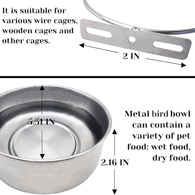 PINVNBY 2pcs Stainless Steel Bird Bowl Feeding Dish Cups for Parrot, Parakeet, African Greys, Conure, Cockatiels, Lovebird, Budgie, Chinchilla (Three Screws Size: L)