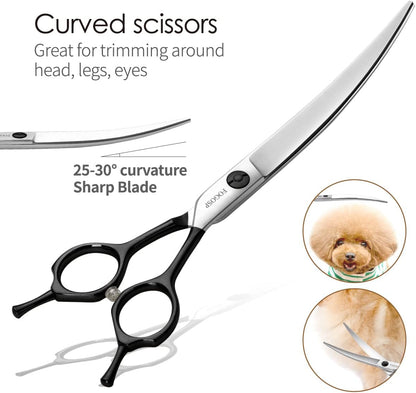 Professional Dog Grooming Scissors Kit 4pcs FOGOSP 7 inch Curved Thinning Straight Chunker Shears for Dogs Cat Pets (7 in Kit, Black)