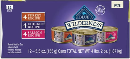 Blue Buffalo Wilderness High Protein, Natural Adult Pate Wet Cat Food Variety Pack, Chicken, Salmon, Turkey 5.5-oz can (12 count - 4 of Each Flavor)
