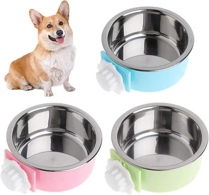kathson Crate Dog Bowl, Removable Stainless Steel Hanging Pet Cage Bowl Food & Water Feeder Coop Cup for Cat, Puppy, Birds, Rats, Guinea Pigs (3 PCS, Size: L, Blue, Green, Pink)