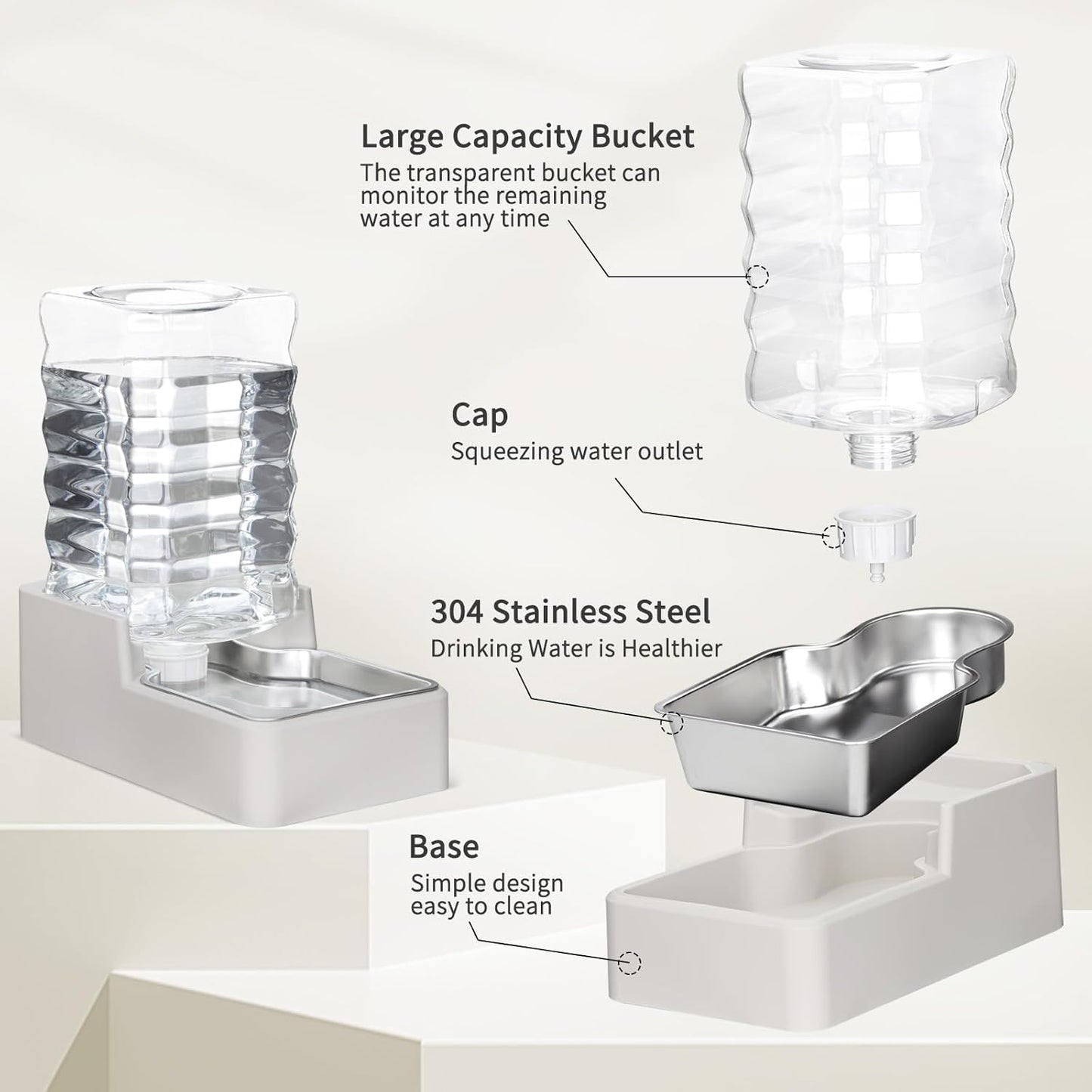 RIZZARI Stainless Steel Pet Water Feeder: 7.5L Beige Automatic Leak-Proof Gravity Dispenser for 20-35 LB Dogs with Arthritis - Without Filter - Ideal for Living Room Kitchen