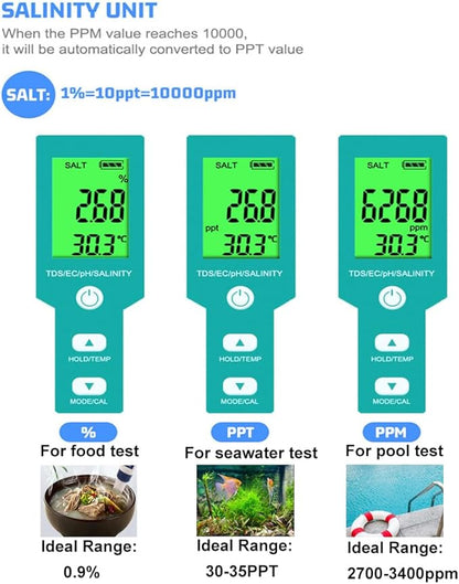 Aquarium Salt Tester -Pool Salt Tester, Versatile 5 in1 Salinity, PH, TDS, EC, and Temperature Meter, Digital Salinity Tester for Saltwater Aquarium, Accurate Salinity Meter,Green