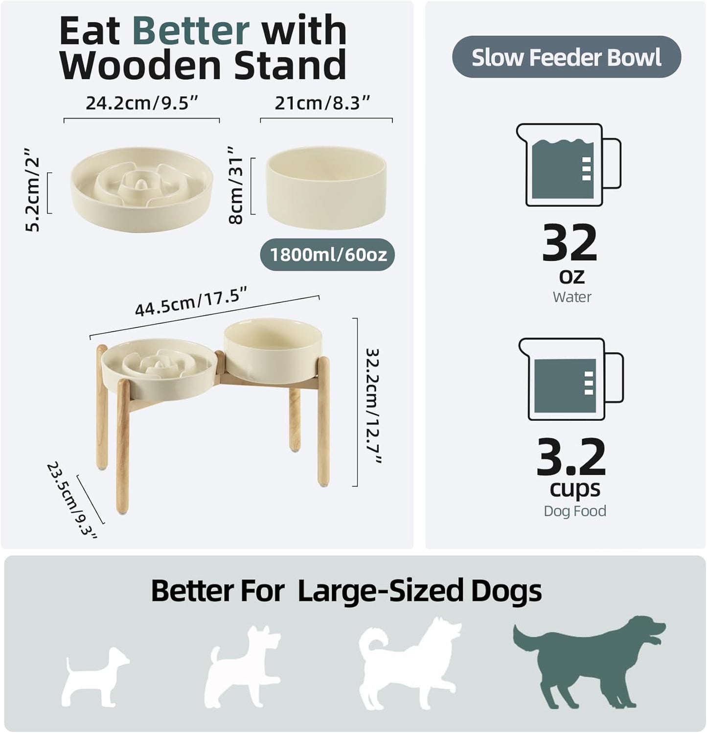 Ceramic Raised Slow Feeder Dog Bowl Set, Elevated 8.2inch Bowl and 9.5inch Puzzle Slow Food Dish with Wooden Stand for Large Dog, Anti-Gulping (2X Beige+ Stand)