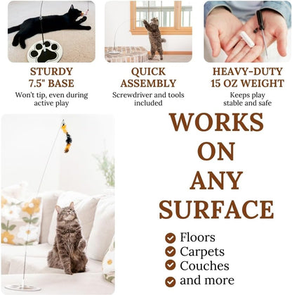 Cat Wand Toy with Round Base – Interactive Feather & Glow-in-The-Dark Octopus Attachments – Suction Cup Cat Toy for Indoor Cats & Kittens